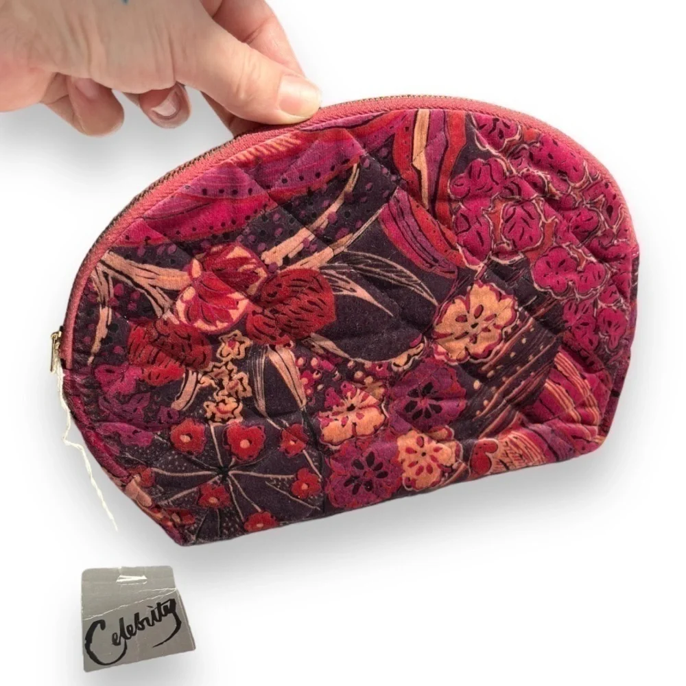 Vintage Deadstock Celebrity Pink/Red Velvet Floral Zip Up Cosmetic Travel Case